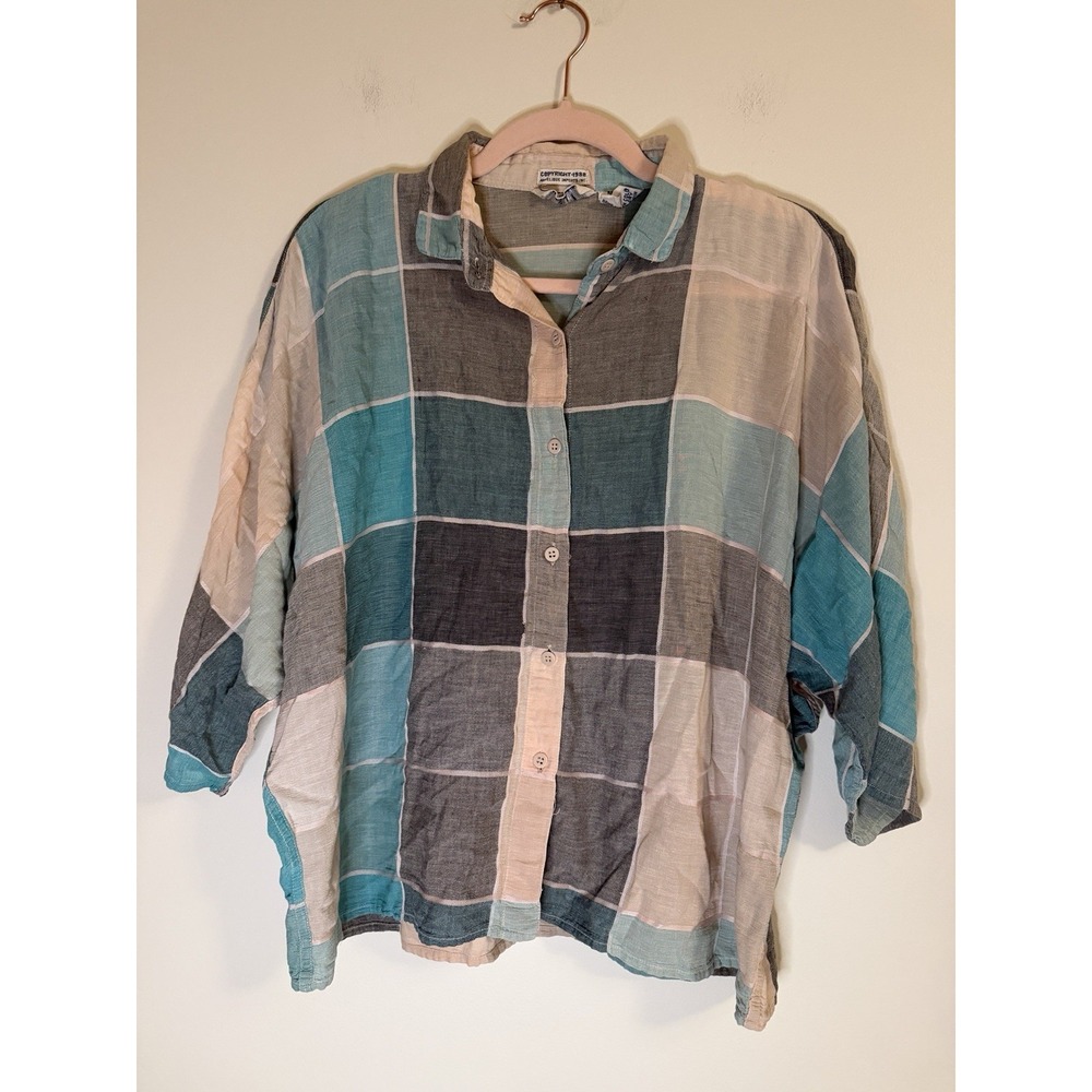 Vintage 1988 Angelique Imports Cotton Colorblock Plaid Gauze Shirt
